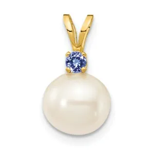 14K Yellow Gold Tanzanite 8-8.5mm White Round Freshwater Cultured Pearl Pendant - Picture 1 of 1