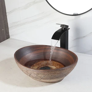 Oval Bathroom Vessel Sink 16x13 Inch Ceramic Basin Bowl With Black Faucet &Drain - Picture 1 of 8