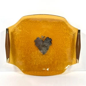 MCM Georges Briard Amber Glass Serving Tray  w/Silver Grapes Teak Wood Handles - Picture 1 of 8