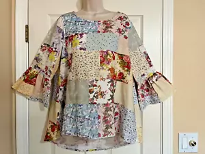 John Mark Linen Floral Patchwork Hi-Low Tunic Top 3/4 Flutter Sleeve Medium - Picture 1 of 9