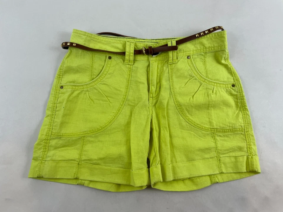 Apt. 9 Pantalones Cortos Para Mujer Talla 2 Amarillo Neón Mezcla de Lino Cinturón Puntada en Contraste Foto 1 de 4