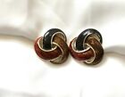 MAGNIFICENT VINTAGE CLIP ON EARRINGS GOLD TONE W GREEN, BROWN & RUST ENAMEL