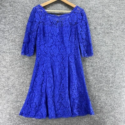 Eliza J Dress Women 6 Blue Floral Shift Midi Zipper Crochet 3/4 Sleeve Lined - Image 1 of 4