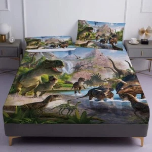 Dinosaurs Bed Sheets Set Queen for Boys 3D Realistic Queen, - Picture 1 of 6