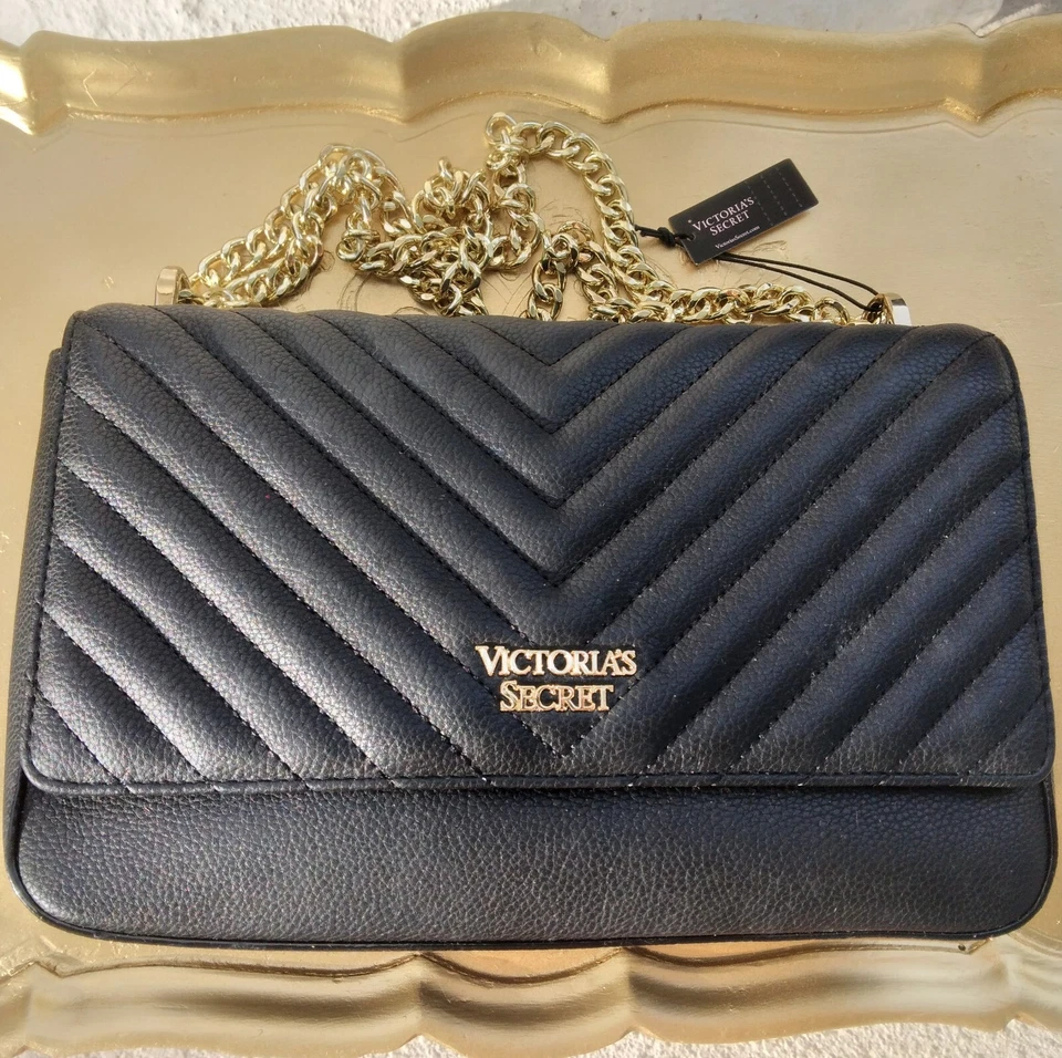 VICTORIA'S SECRET BLACK PURSE HANDBAG GOLD CHAIN SHOULDER STRAP NWT - Image 1 of 2