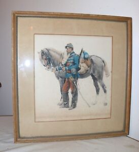 antique 1876 Edouard Detaille military horse engraving original watercolor art 