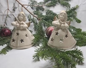 Angel Tea Light Holders, Off White w/ Gold Trim Vintage 80-90s, Set Of 2 - Picture 1 of 10