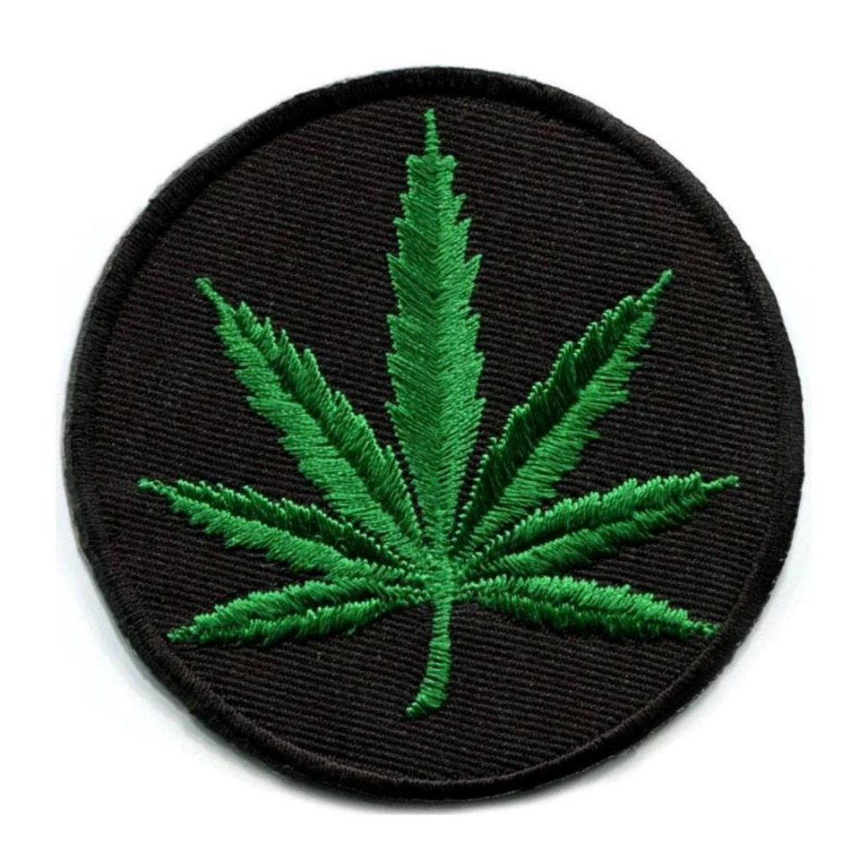 MARIJUANA LEAF IRON ON PATCH 3.2" Round Pot Weed Hippie Embroidered Applique NEW - Image 1 of 1