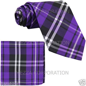 New Men's Vesuvio Napoli plaid checkered Neck Tie Necktie & Hankie set Purple - Picture 1 of 3