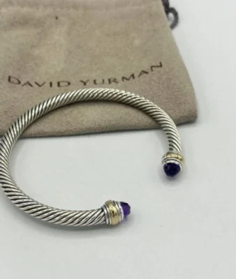 David Yurman Sterling Silver 925 & 14k Gold 5mm Cable Amethyst Cuff Bracelet - Image 1 of 4