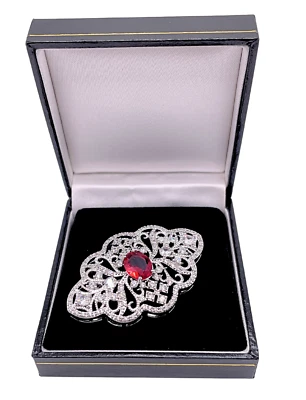 White gold finish red ruby and created diamond brooch pin + box - Image 1 of 4