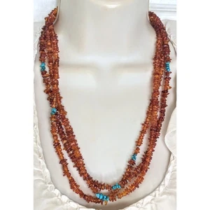 Sterling Silver Baltic Amber & Turquoise Chip 3 Strand Beaded Necklace 24" - Picture 1 of 10