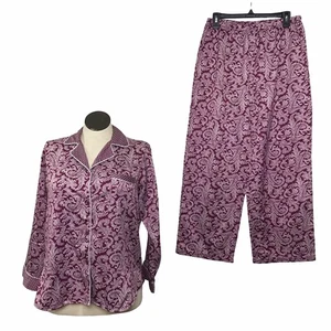 Conjunto de dos pijamas para mujer talla M púrpura estampado cachemir camisa abotonada pantalones - Imagen 1 de 18