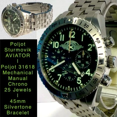 Reloj ruso POLJOT mecánico 45 mm cronógrafo 25J | Pulsera tono plateado AVIADOR Foto 1 de 4