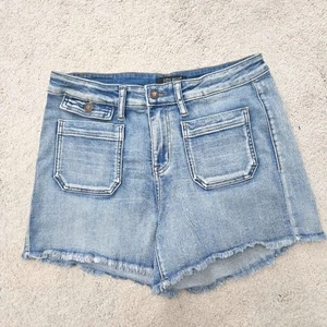 NWOT Judy Blue | Patch Pocket Light Wash Denim Jeans Fringe Hem, Womens Large - Picture 1 of 5