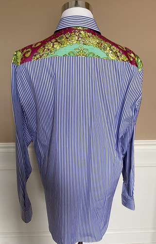 Camicia elegante Versace blu righe e stampa grafica taglia 41 A83115 Italia nuova con etichetta $795