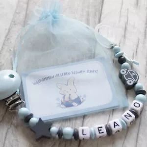 Schnullerkette mit Namen ♥ Auto Stern ♥ Hellblau ♥ mit Silikonring ♥ Nuckelkette - Bild 1 von 2