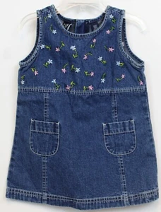 NEW 1990s Gap Kids Denim Jumper Dress Girls sz XXS Embroidered Flowers Floral - Picture 1 of 9
