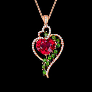 925 Silver Heart Red Green Cubic Zirconia Pendant Necklace Women Elegant Jewelr