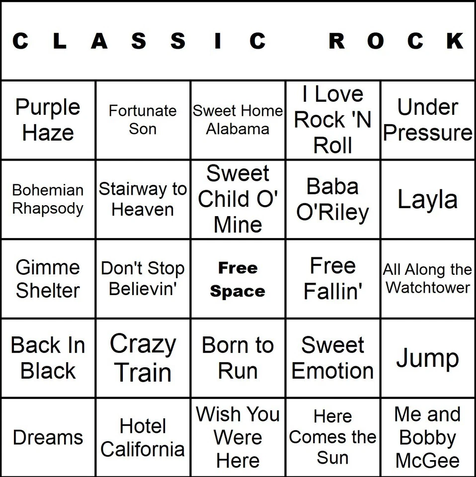Tarjetas de bingo de música rock clásico impresas y laminadas con listas de reproducción Foto 1 de 1