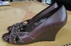 Size 7 Shoes Brown Leather Criss-Cross Open Toe, Stacked Wedge, Wood Heels