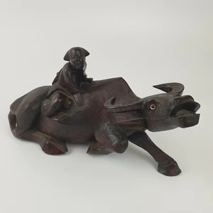 Vintage Chinese Carved Hardwood Figure Of A Man Riding A Water Buffalo 24cm - Picture 1 of 11