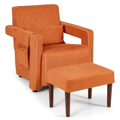 Sofá silla individual Costway moderna de tela de gamuza con otomana y almohada de cintura naranja Foto 1 de 4