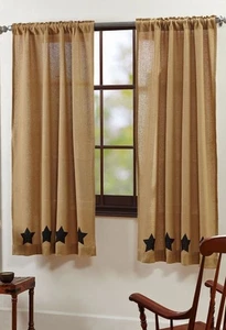 SET DE PANNEAUX DE FENÊTRE LONGS 63" TOILE DE JUTE ET ÉTOILE NOIRE : RIDEAU DE CAMPAGNE MARRON FERME - Photo 1/2