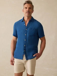 Faherty Palma Leinenhemd Herren XXL Indigo Basketweave kurze Ärmel $ 158 Neu mit Etikett - Bild 1 von 8