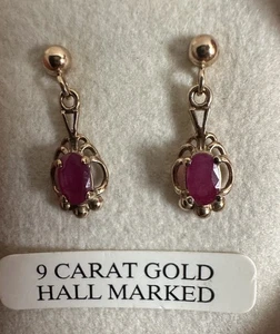9ct 375 Yellow Gold Ruby Drop Earrings Vintage - Picture 1 of 14