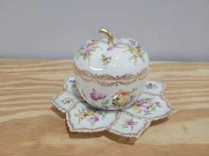 Dresdner Hirsch Zuckerdose handbemalt mehrfarbig Blattgoldrand / mit Platzteller - Bild 1 von 9