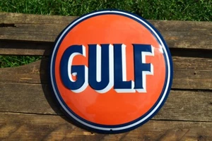 Gulf Oil Corporation Embossed Tin Metal Sign - Gasoline - Domed - Retro - Picture 1 of 5