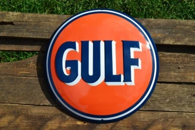 Gulf Oil Corporation Embossed Tin Metal Sign - Gasoline - Domed - Retro - Image 1 of 4