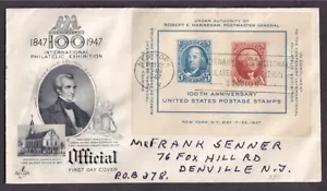 US #948 US POSTAGE STAMPS 100TH ANNIVERSARY SOUVENIR SHEET 1ST DAY COVER 1947 - Picture 1 of 2