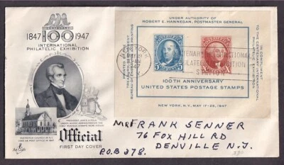 US #948 US POSTAGE STAMPS 100TH ANNIVERSARY SOUVENIR SHEET 1ST DAY COVER 1947 - Image 1 of 2