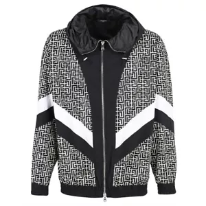 BALMAIN WH1TG055 Nylon Multi-Cuts Monogram Print Track Jacket Hood Zip Hoodie M - Picture 1 of 5