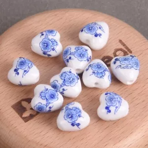 10pcs Heart Shape 13x12mm Flower Patterns Ceramic Porcelain Loose Beads DIY Lot - Picture 1 of 25