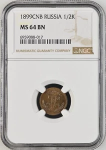 RUSSIA Nikolas Il 1/2 Kopek 1899 NGC MS 64 BN - Picture 1 of 2