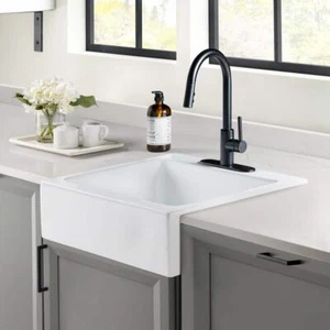 Sinkology Farmhouse Kitchen Sink 25.75"Lx24.25"W 3Hole Quick-Fit Drop-in White - Picture 1 of 7