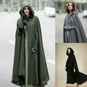 Womens Vintage Maxi Black Green Cloak Cape Jacket Long Hooded Parka Coat MOON