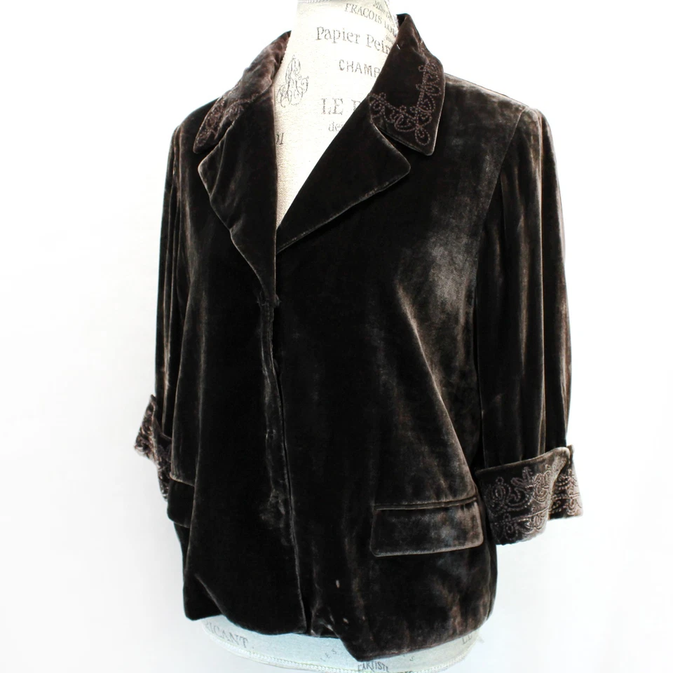 Blazer Chaqueta Elie Tahari Terciopelo Rayón Marrón Oscuro Bolsillos Almohadillas para los Hombros Grandes Foto 1 de 4