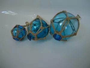 Turquoise Glass Fishing Boat Net Floats -Buoys Set Of 3 Blown Balls Bathroom - Picture 1 of 9