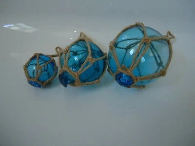 Turquoise Glass Fishing Boat Net Floats -Buoys Set Of 3 Blown Balls Bathroom - Image 1 of 4