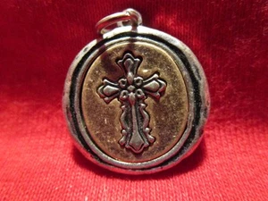 Scripture Medal Cross John 3:16 Silvertone w/ Goldtone Center 3/4" dia - Picture 1 of 2