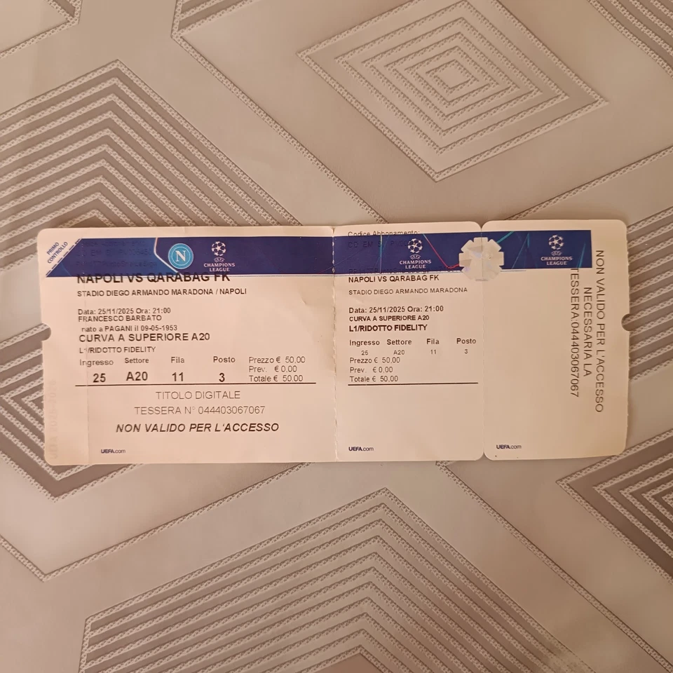 BIGLIETTO " NAPOLI-QARABAG FK " - 25/11/2025 - CURVA A SUPERIORE A20 - USATO - - Immagine 1 di 1