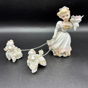 Vintage 1950's Lady with Bouquet Walking Two White Spaghetti Poodles w/Chain - Picture 1 of 11