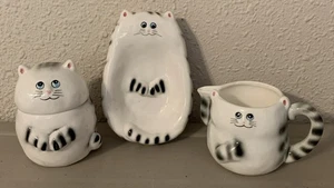 Vintage Lefton Fat Cat Sugarbowl Creamer Tea Bag Spoon Rest 3 Piece Set - Picture 1 of 8