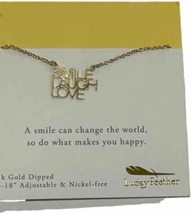 Smile Laugh Love Lucky Feather Necklace 14K Gold Dipped Charm Necklace - Picture 1 of 2