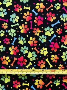 Tie Dye Rainbow Paw Bone Print Black Dog Cat Puppy Fabric 18"x21” Fat Quarter - Picture 1 of 2