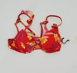 Shade & Shore Red Floral Light Lift Ruffle Strap Bikini Top Women's Size 36D - Picture 1 of 5
